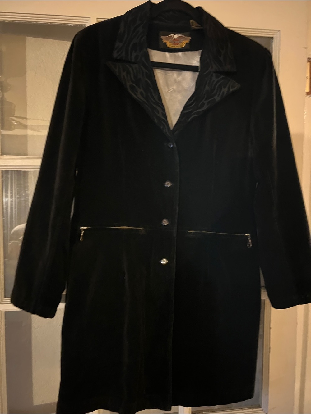 Women's Harley Davidson Black Velvet Long Trench Coat with Patterned Collar